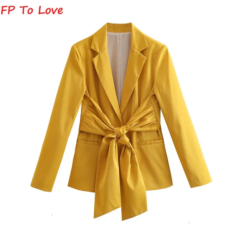 

Yellow Satin Belts Blazers Stylish Beige Official Lady Street Occasion Bow Outwears Woman Sets 3733260 FP To Love