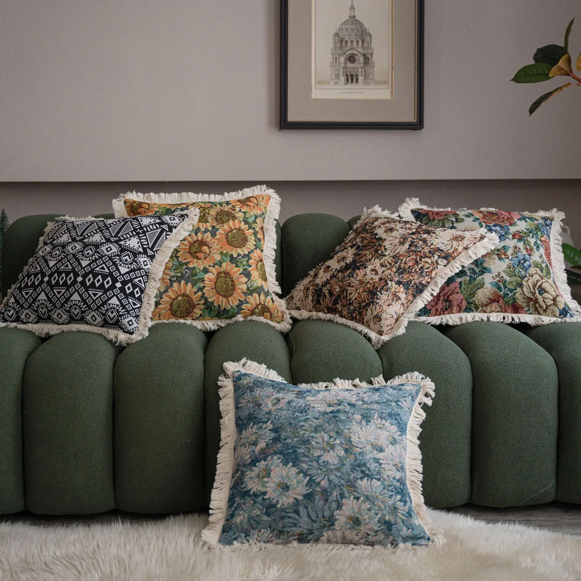 

1pc Polyester Cushion Covers With Tassels Oil Painting Style 45x45 60x60cm Decorative Throw Pillow Cover Boho Shabby Chic Style