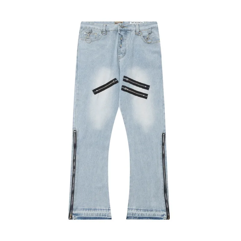 

Vintage Half Zipper Up Micro Flared Jeans Men Hip Hop Washed Destroyed Wide Leg Jeans Slim Fashion Streetwear Casual Pants Denim