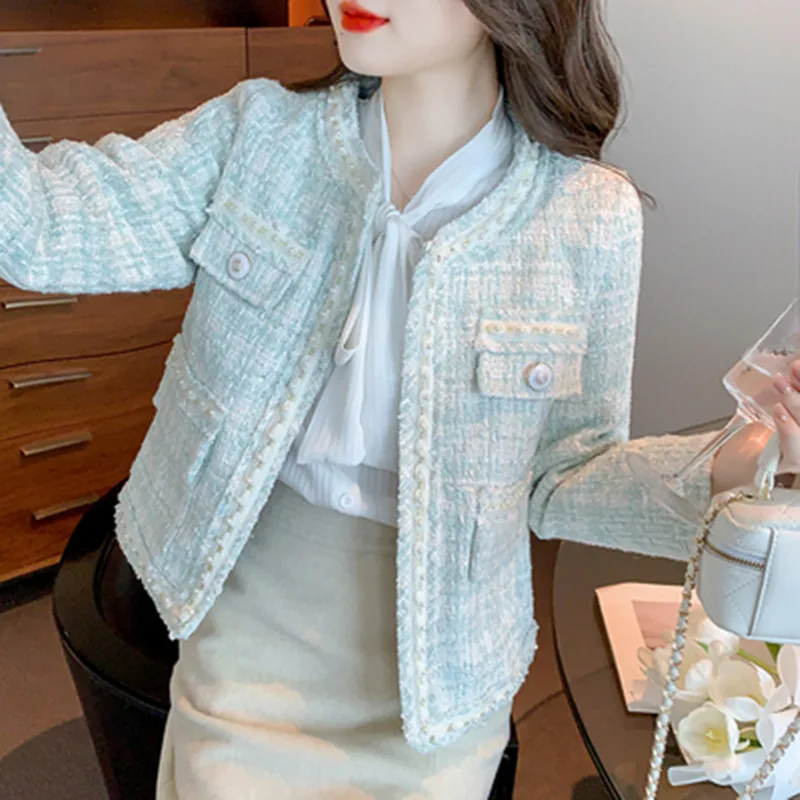 

Runway Style Temperament Vintage Tweed Jacket Coat High Quality Women Beads O-Neck Woolen All-Match Brand Outerwear Top