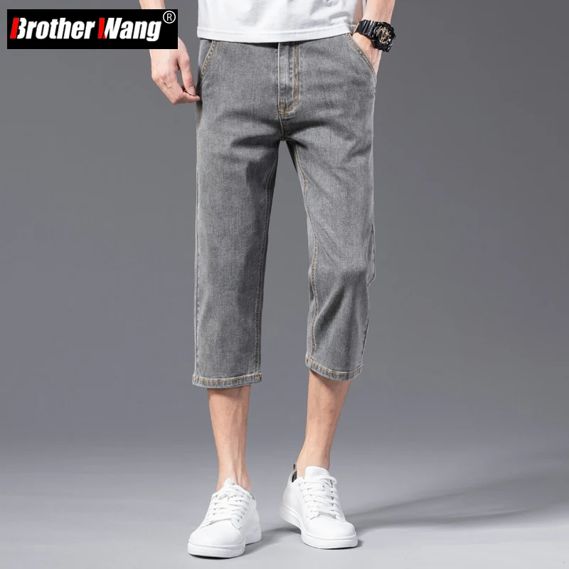 Summer Men's Smoke Grey Thin Short Jeans Anti-theft Zipper Design Stretch Regular Fit Denim Calf-length Pants Male Brand Clothes