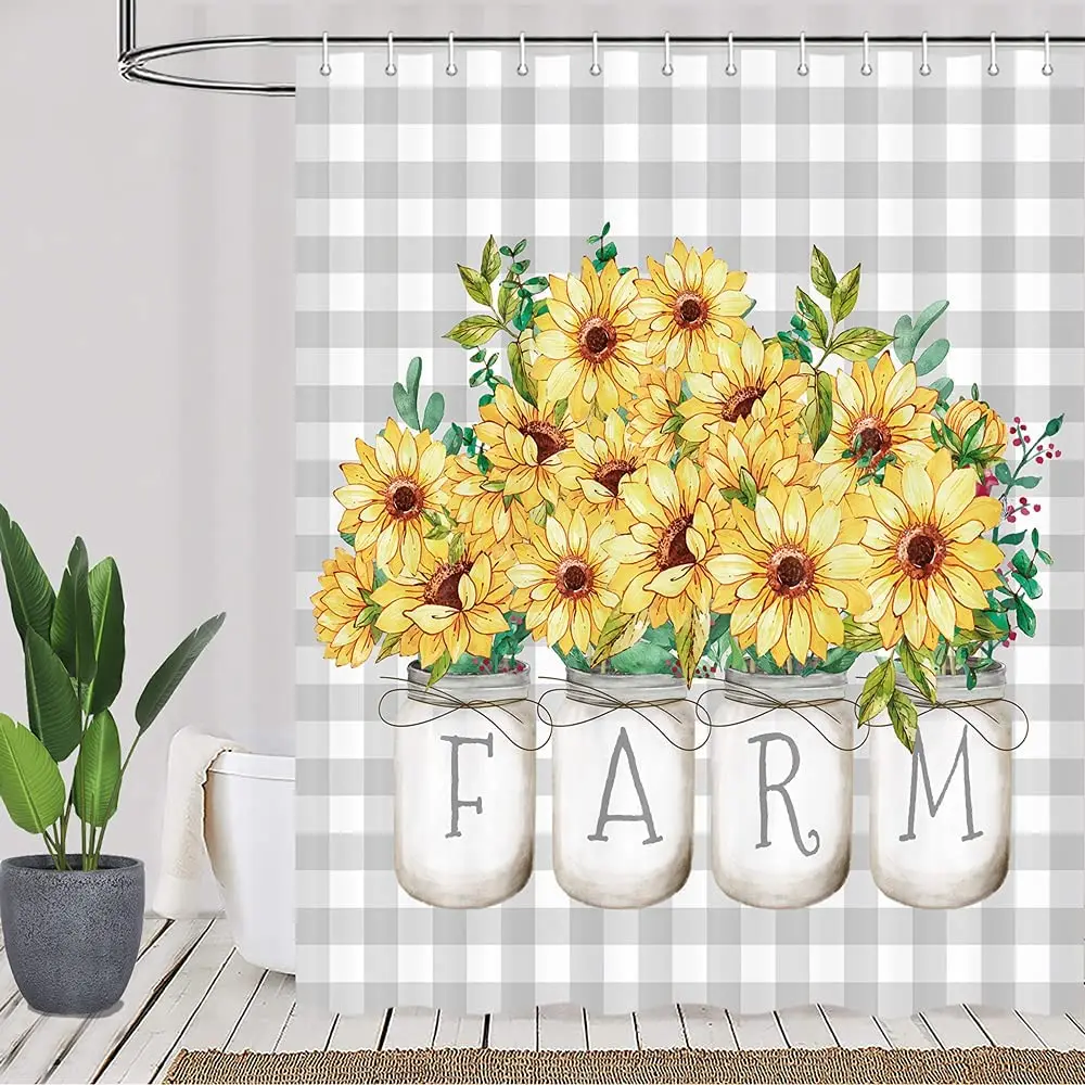 

Farmhouse Fall Autumn Shower Curtain Sunflower in Mason Jar on Gray White Buffalo Check Plaid Fabric Bathroom Curtains Sets