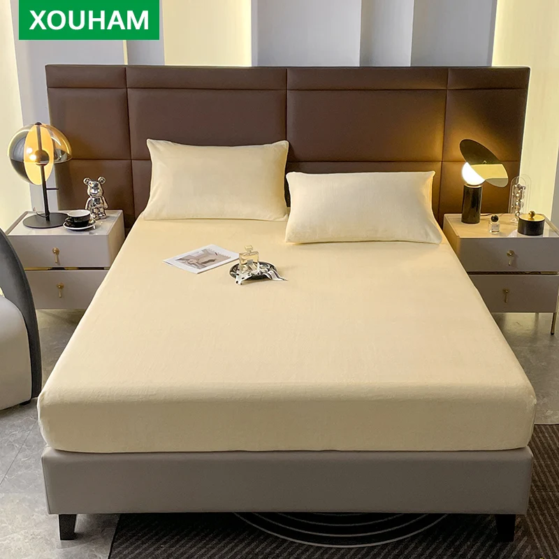 

XOUHAM Milk Velvet Fitted Sheet Creamy Yellow Solid Warm Fitted Cover Non Fading Bedding 3 PCS (1 Fitted Sheet + 2 Pillowcase)