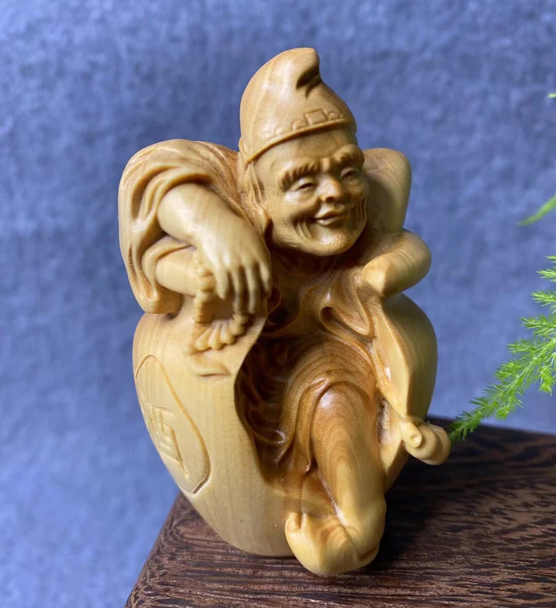 7X4.5X4.2 CM Ji Gong Buddha Boxwood Figurine Carving Drunk Man Feng Shui Sculpture Live Room Decor - #W154
