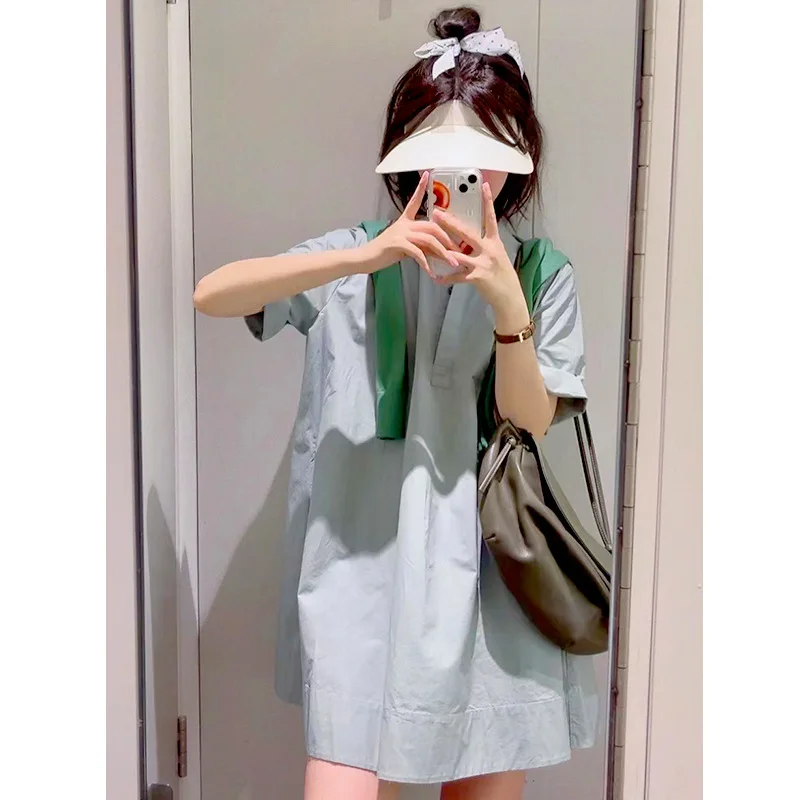 

New Summer Casual A-shaped Drape Cotton Loose Casual Half-placket Shirt Dress