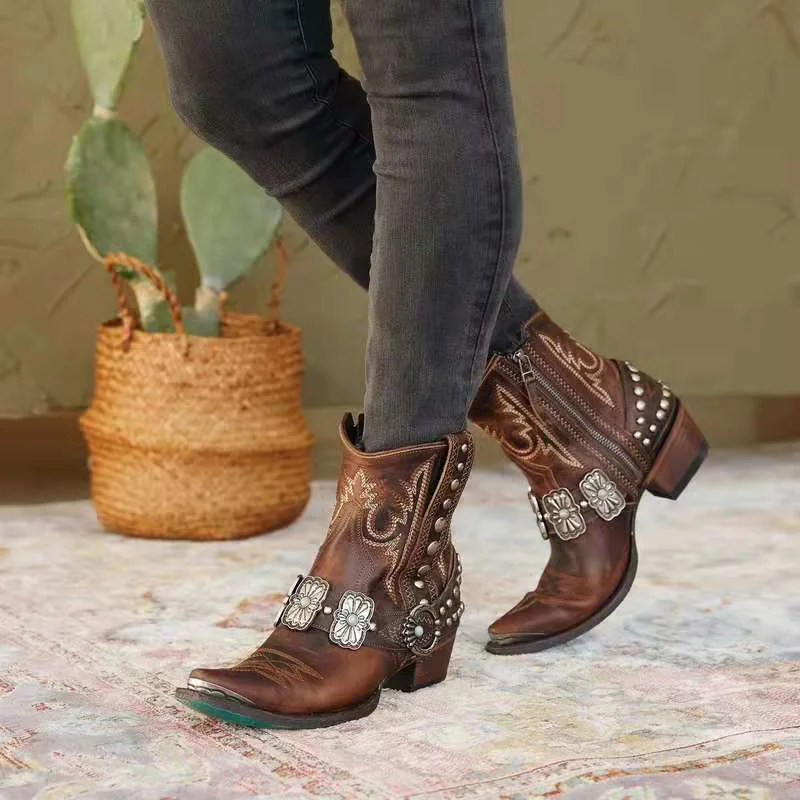 

Western Boots Chunky Heels Women Ankle Boots 2023 Spring Winter Embroidered Cowboy Boots Shoes Vintage Ethnic Boots