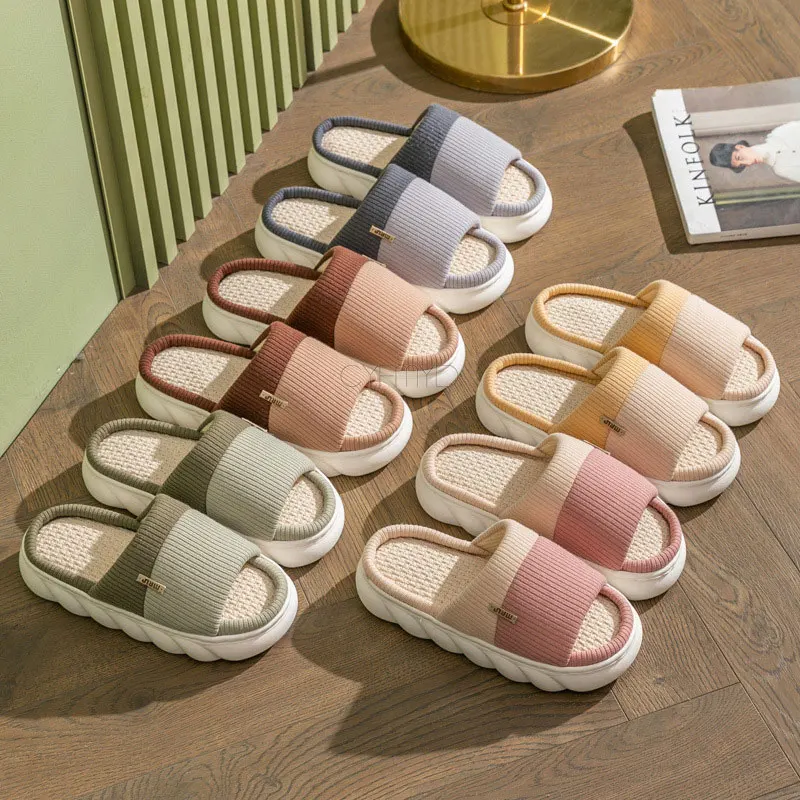 Striped Flax Slippers Women Home Open Toe Platform Slide Woman Slippers Cotton Linen Indoor Slippers Female Simple Winter Shoes