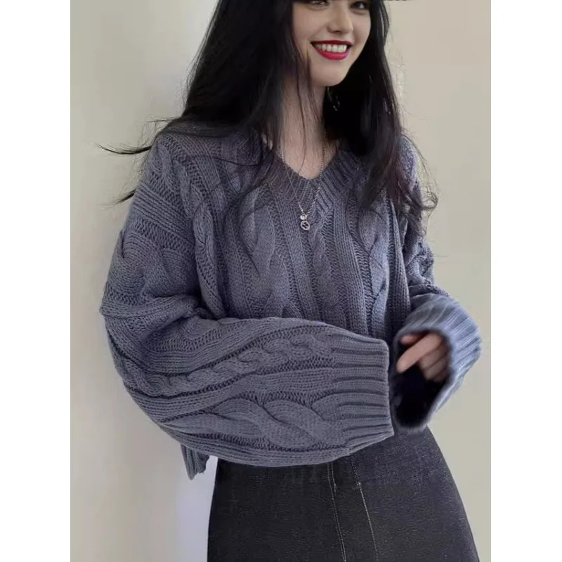 Пуловер с v-образным вырезом в стиле ретро свитер длинными рукавами женский