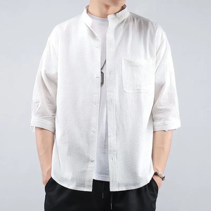 Summer Brand High Quality linen shirt Men loose large Size Cotton and linen three-quarter sleeve Casual shirt Breathable shirt