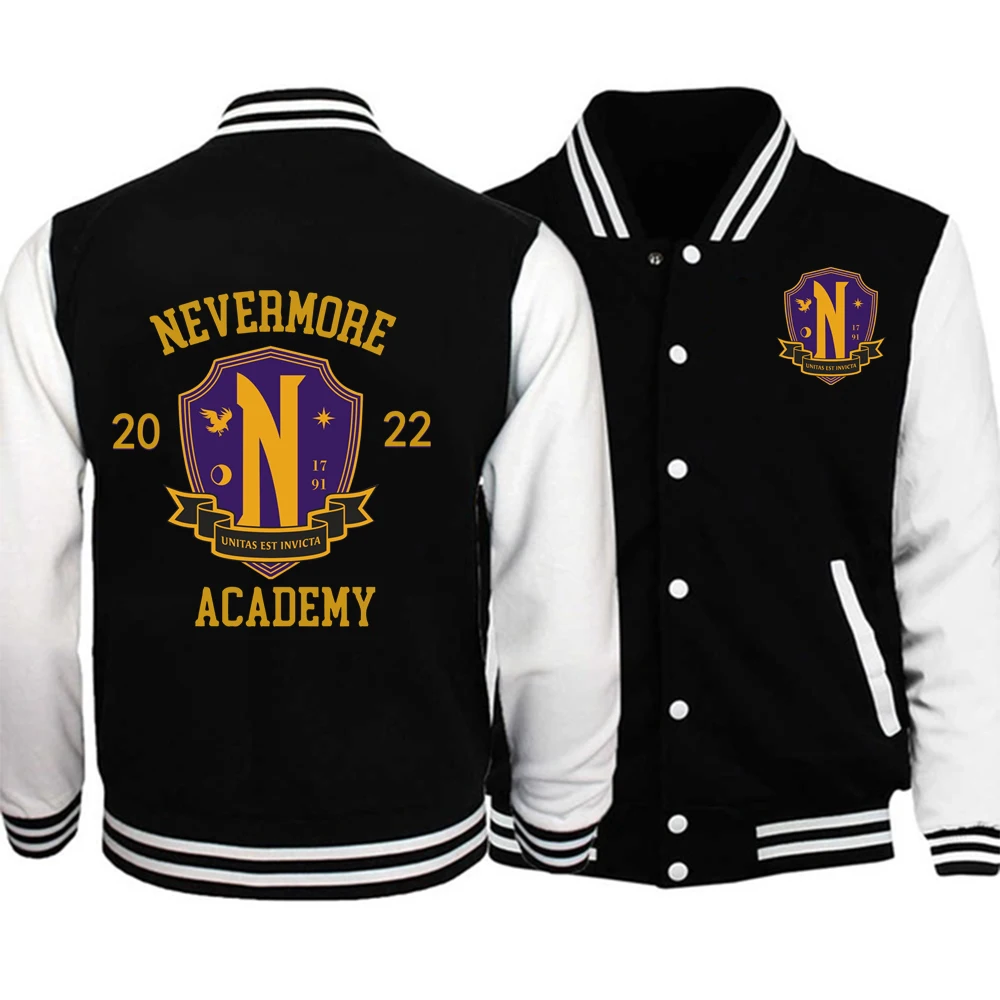 Wednesday Nevermore Academy Sweatshirt Halloween Jacket Print Baseball Uniform Fleece Coat Jacket Sweatshirt