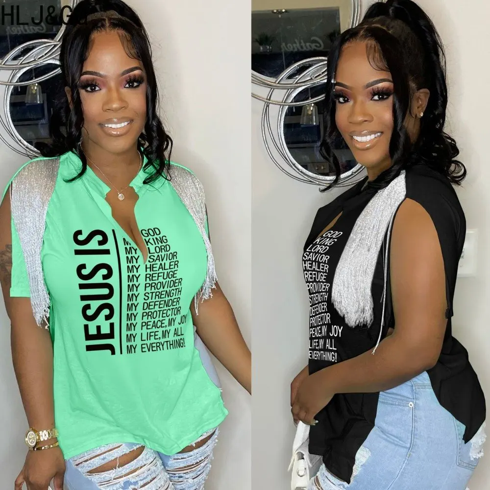 

HLJ&GG Summer Tassel Sexy Deep V Women T-shirt Letter Print Casual Sleeveless Tops Side Slit Fashion Tshirt Y2K Tees 2023 New