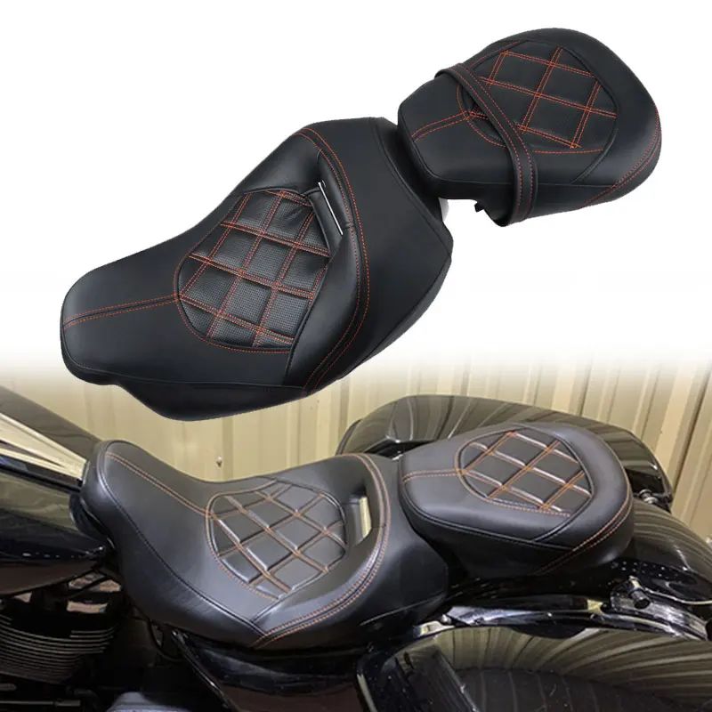Motorcycle Two-Up Low-Profile Seat Leather Driver Passenger For Harley Touring  CVO Street Glide Road King Special Classic 09-22