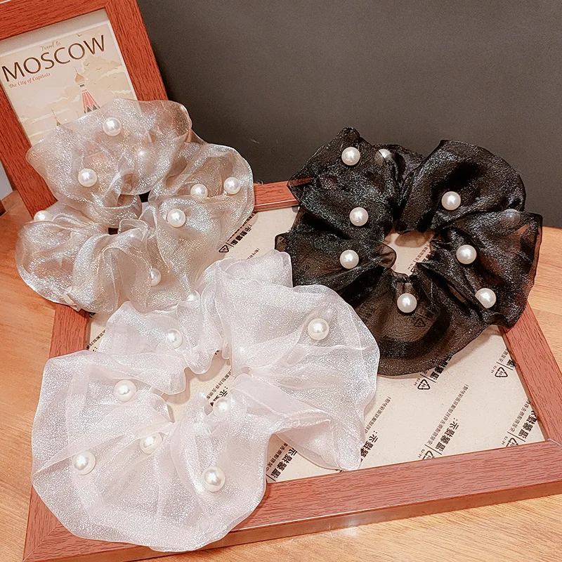 

Fashion Oversize Organza Pearl Decorated Scrunchies Women Solid Color Elastic Hair Band Elegant Hair Rope Ponytail Tie Head Band