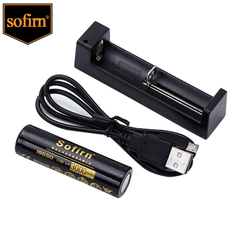 

Sofirn 1pcs 18650 3000mah Rechargeable Battery + 1pcs USB Charger for 18650 14500 10400 16340 26650 Single-slot Chargers Sets