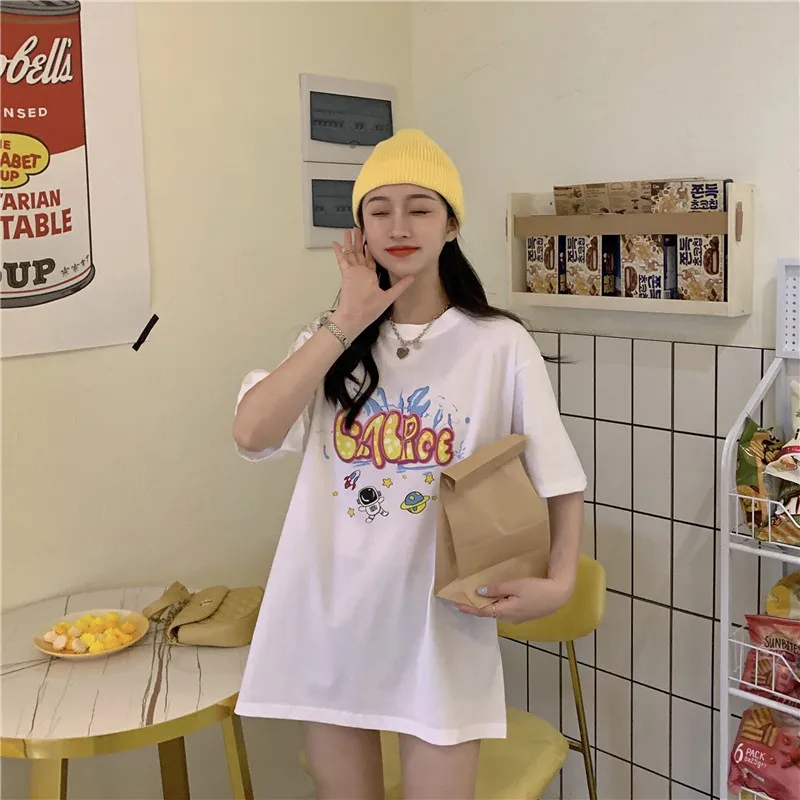 

8031 women new style cartoon print mid-length versatile loose and thin short-sleeved T-shirt