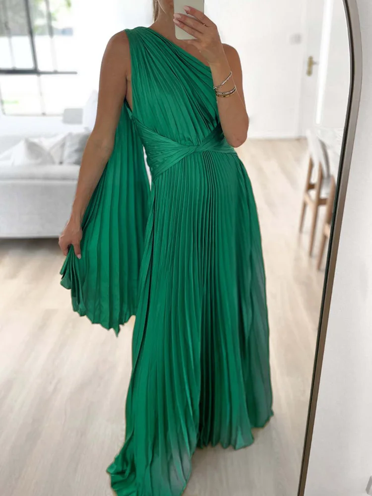 

Модное шикарное плиссированное платье с диагональным воротником, лето 2023, Повседневное платье на одно плечо с открытой спиной, элегантное вечернее платье, юбка макси