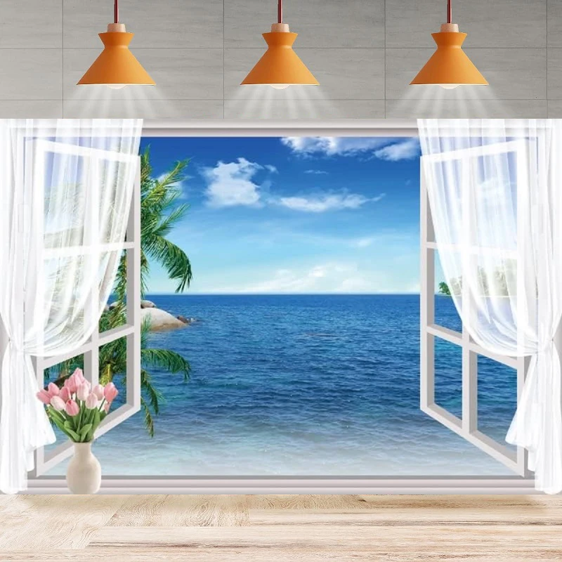 Фон для фотосъемки с изображением окна моря морской волны голубого неба белого