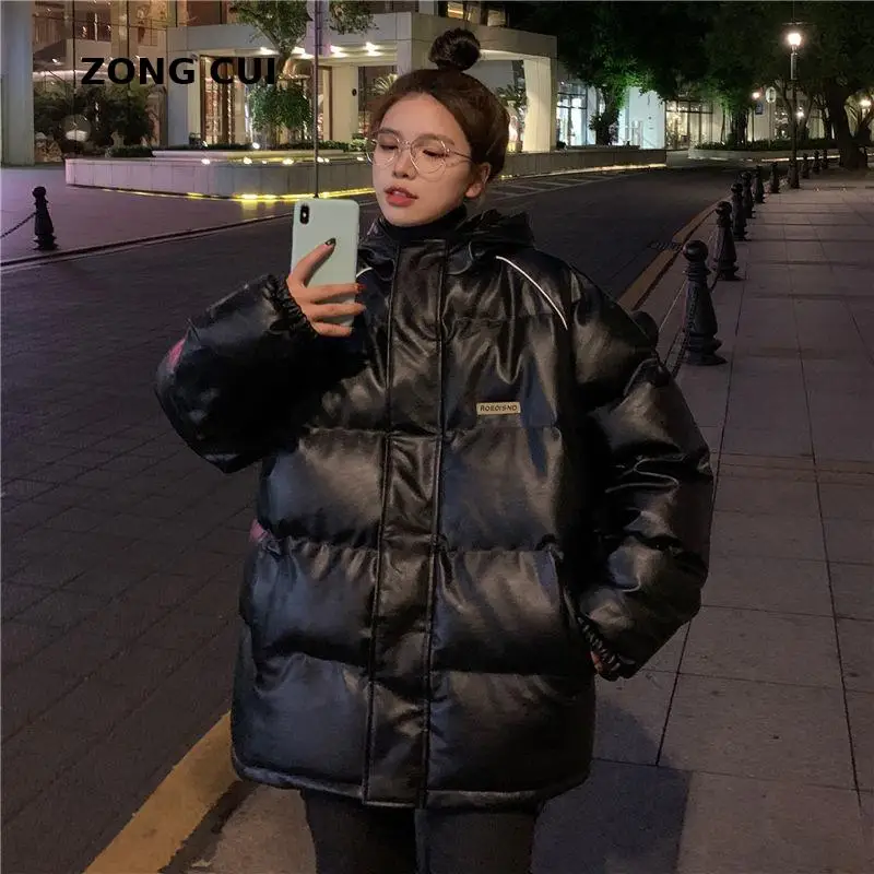 

Winter Pu Puffer Jacket Women 2021 Korean Ladies Hooded Loose Thick Warm Streetwear Cotton Padded Jacket Student Parkas Overcoat