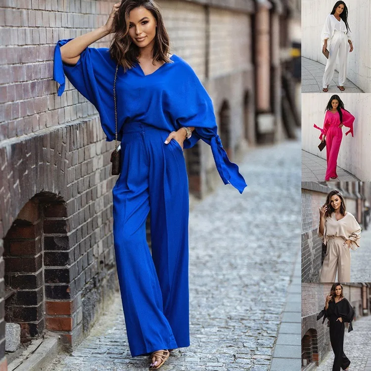 

2022 European and American fashion casual suit V-neck long sleeve tie high waist wide leg trousers two piece set for women