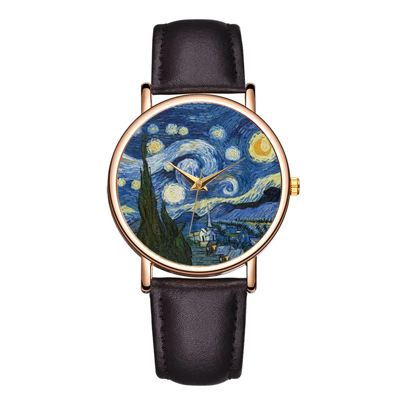 

Women Watches Fashion For Van Gogh's Starry Sky Dial Luxury Leather Band Female Quartz Wristwatch Unisex Male Watch Montre Femme
