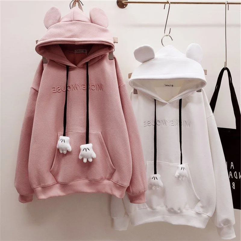 Autumn Cute Embroidered Hooded Sweatshirt Women Clothing Pullovers Plus Velvet Patchwork Female Sweet Thick Warm Hoodies