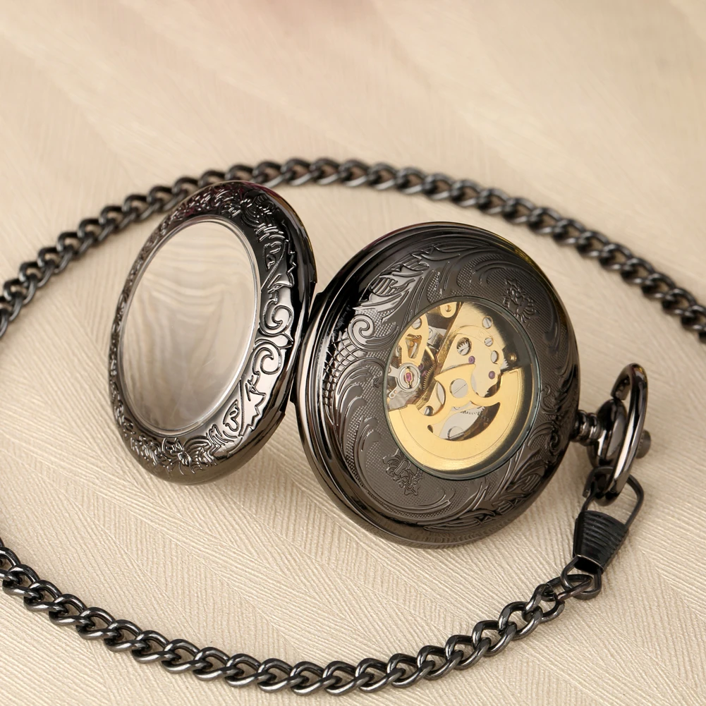 Luxury Gold Roman Numerals Dial Transparent Glass Automatic Mechanical Pocket Watch Vintage Black Antique Pocket Timepiece Male