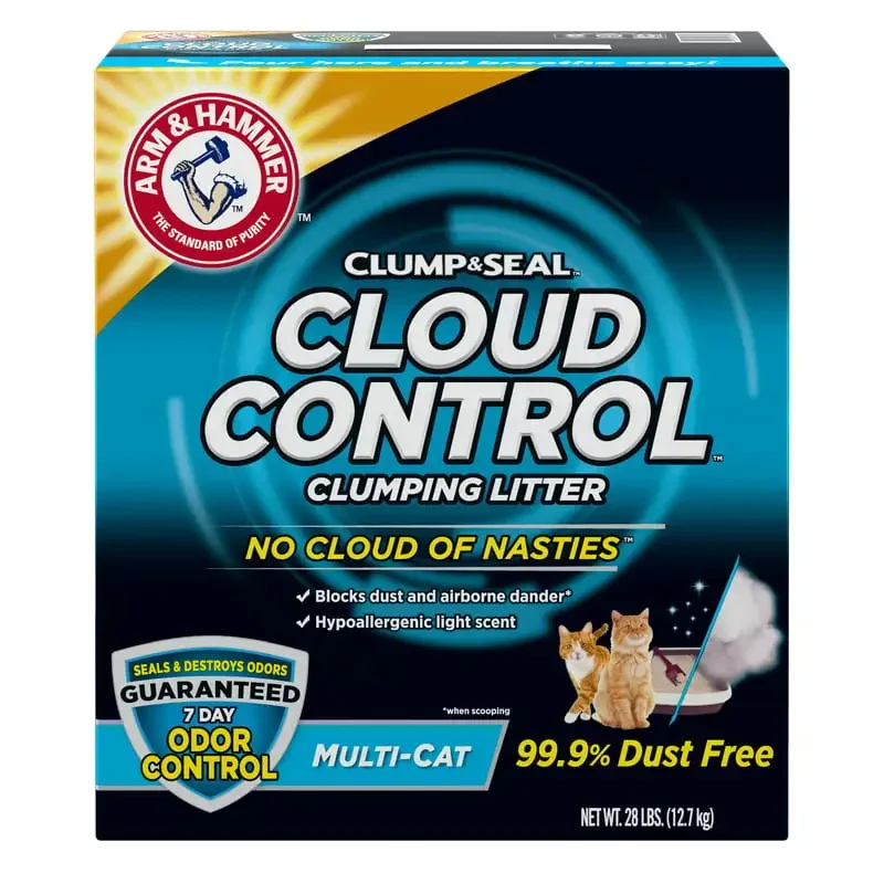 

Retain Freshness & Control Unwanted Odours: 28lb Arm Hammer Cloud Control Multi-Cat Clumping Cat Litter, Hypoallergenic Light Sc