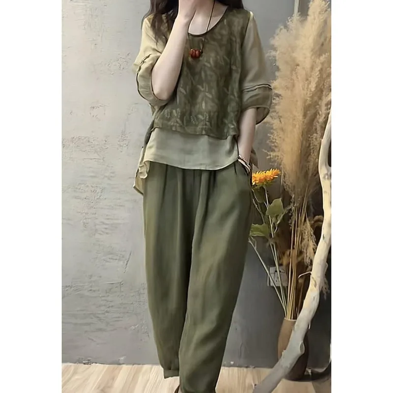 

Summer fashion cotton and linen dress women's new printed splicing top harem pants two-piece set