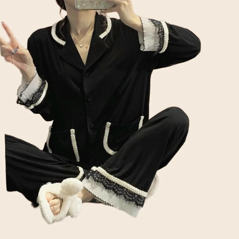 Women's Pajamas Set Sexy Lace Print Sweet Princess Spring Pyjama Loose Size Mom New Black Homewear Cozy Sleepwear