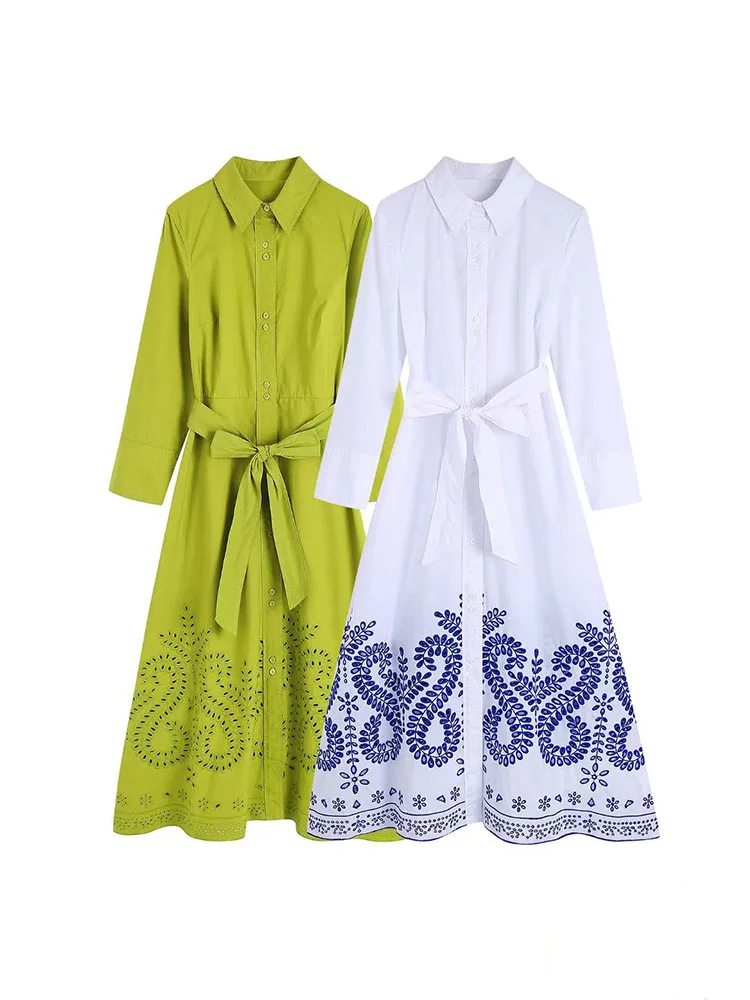 

Женское платье-рубашка с отложным воротником и длинным рукавом