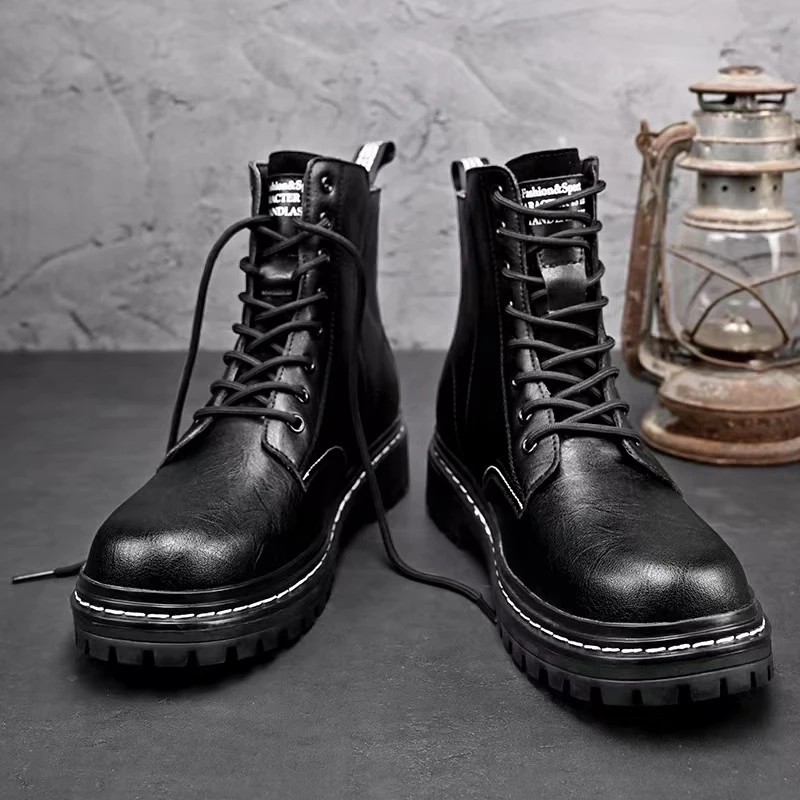 Women's Ladies Genuine Leather Female Shoes Ankle Boots Platform Lace Up Martin-Boots Winter Fur Plush Motorcycle