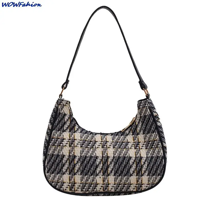 

Women Plaid Canvas Women's Bag New PU Leather Crescent Shoulder Bag Fashionable Simple Zipper Pure Color Handbags Underarm Bags