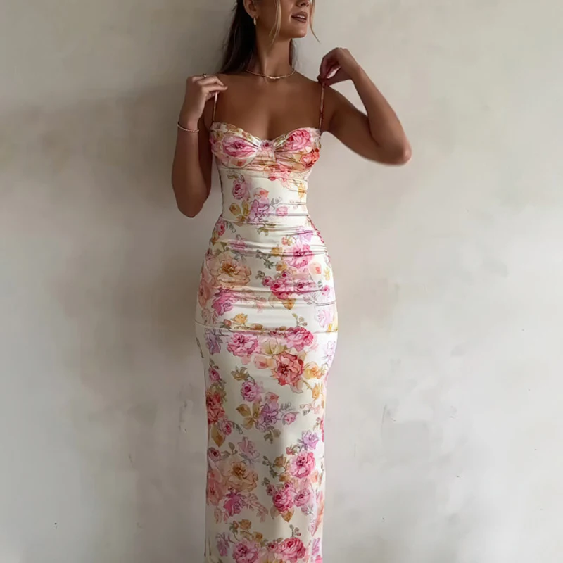 Женские летние платья с цветочным принтом элегантное облегающее платье макси на