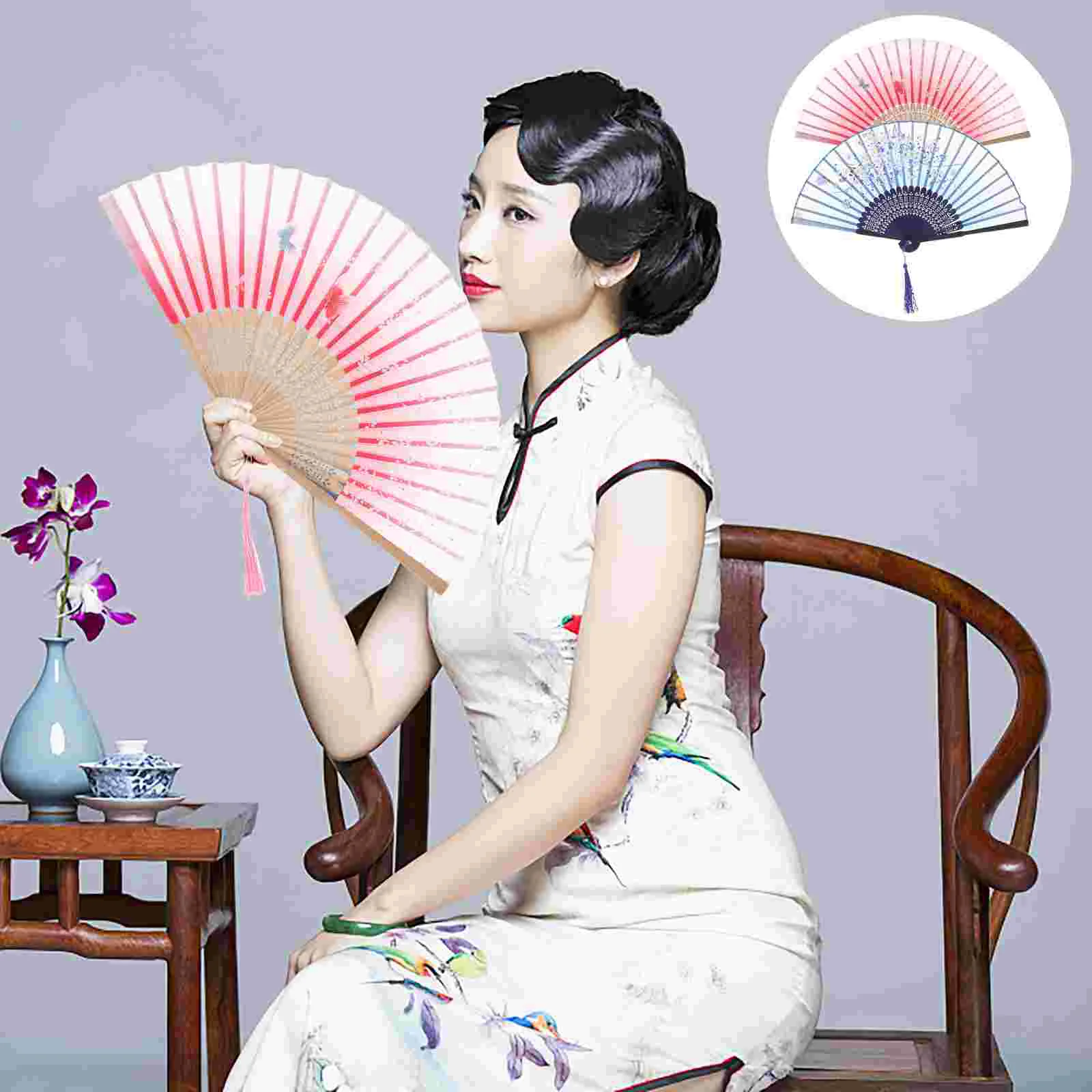 

2pcs Vintage Chinese Style Classical Fabric Folding Fans Framed Fans Hand Fans for Wedding