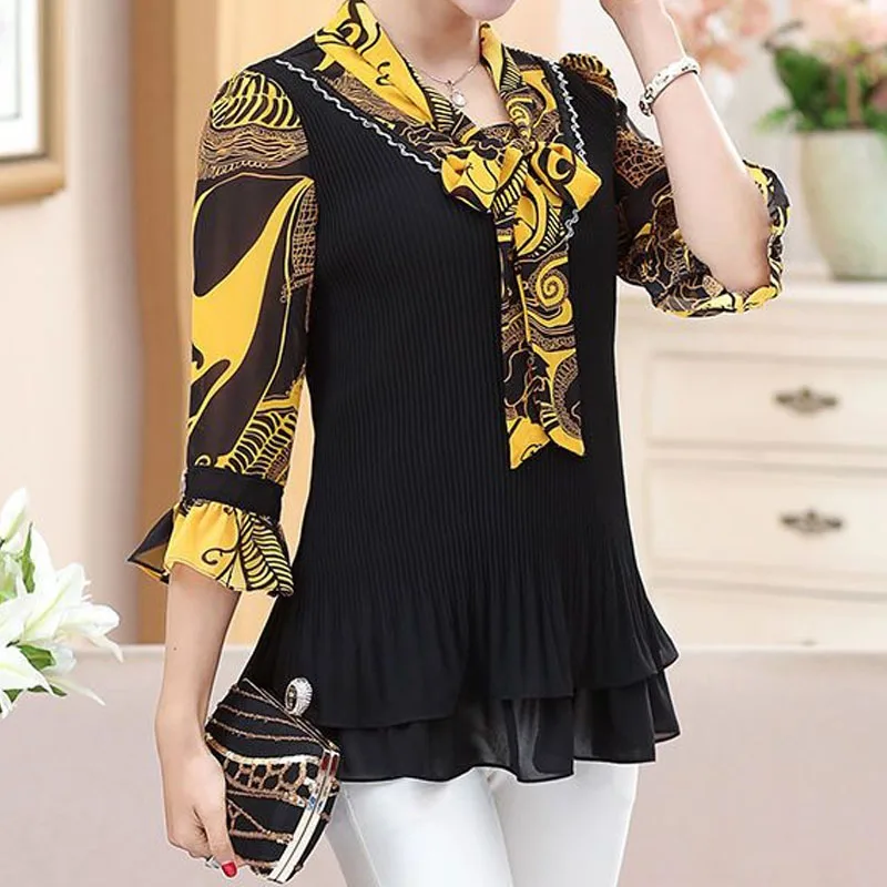 

Women's Clothing Vintage Commute Scarf Collar Chiffon Printing Tops Summer Thin Fashion Elegant Flare Sleeve T-shirt Female