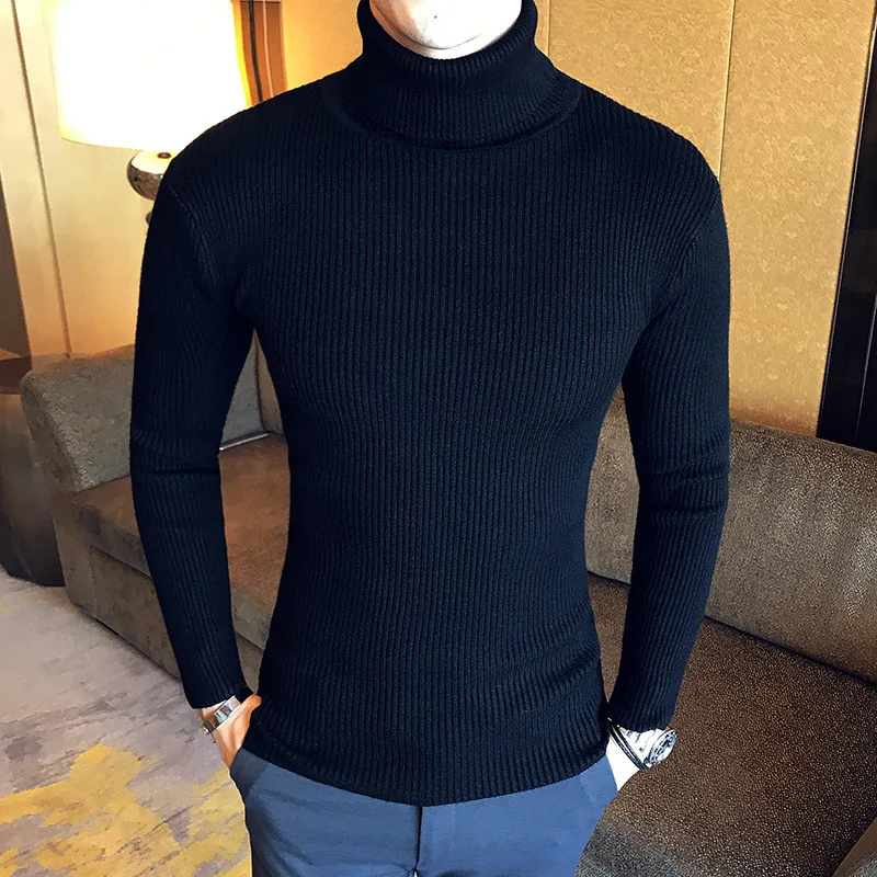 

2023 корейский Тонкий Однотонный свитер с воротником «хомут», мужской зимний теплый вязаный свитер с длинным рукавом, Классическая однотонная Повседневная Нижняя рубашка