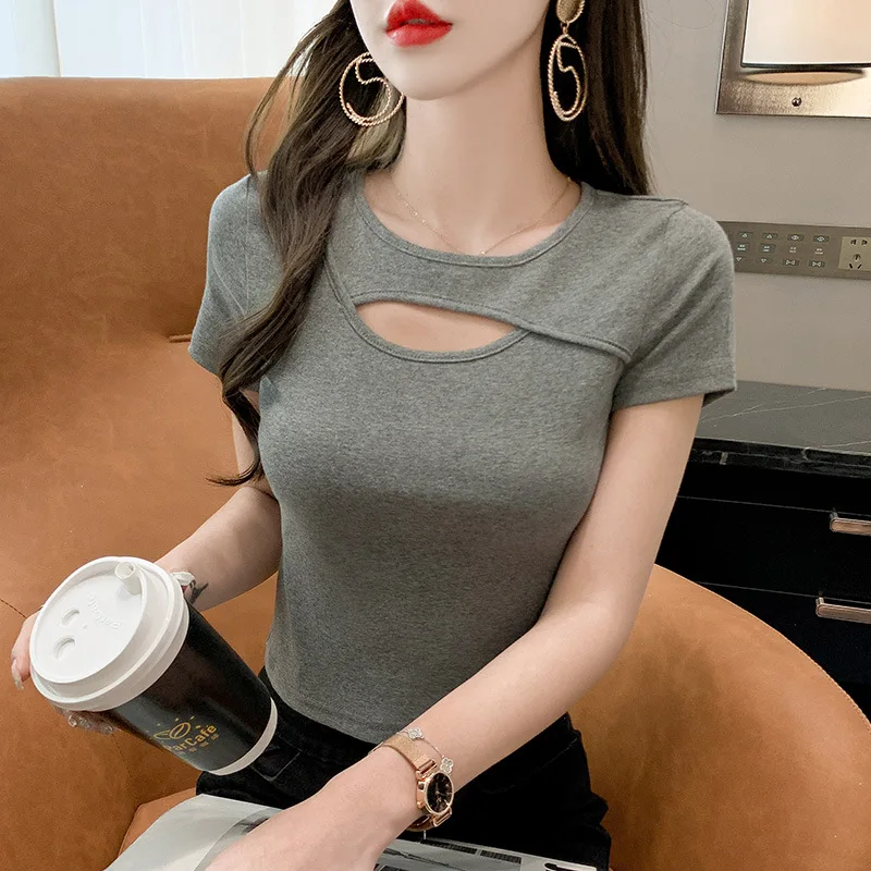 

2022 New Summer Simple Short Temperament Slim Hollow Short-sleeved T-shirt Women