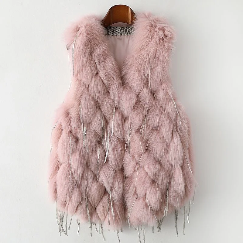 Real genuine natural Luxurious fox Fur vest Women's fashion Jacket gilet with tassel