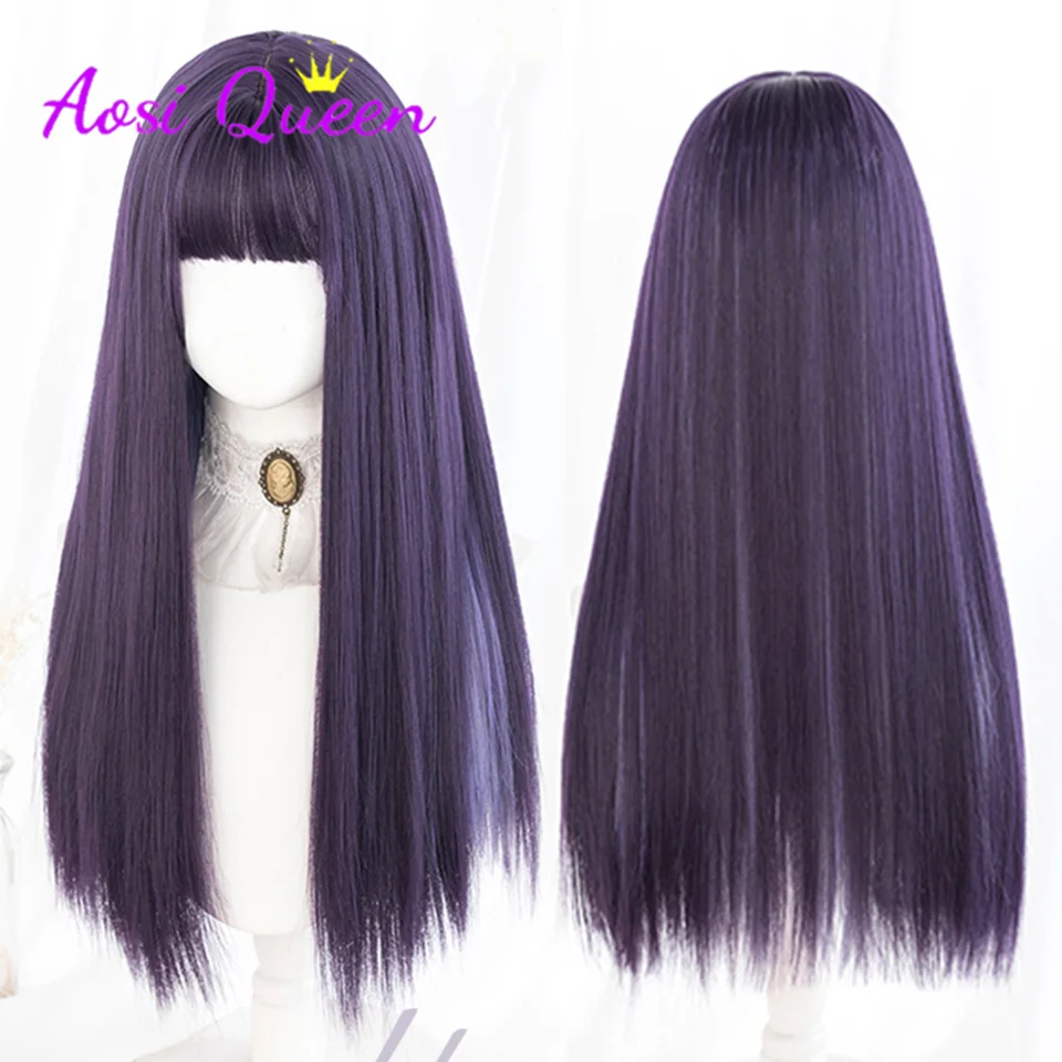 

AS Synthetic Long Straight Hair Ombre purple Mixed lilac colour Wig Cosplay Wig with Bangs Lolita Anime Wig Party Wig for Women