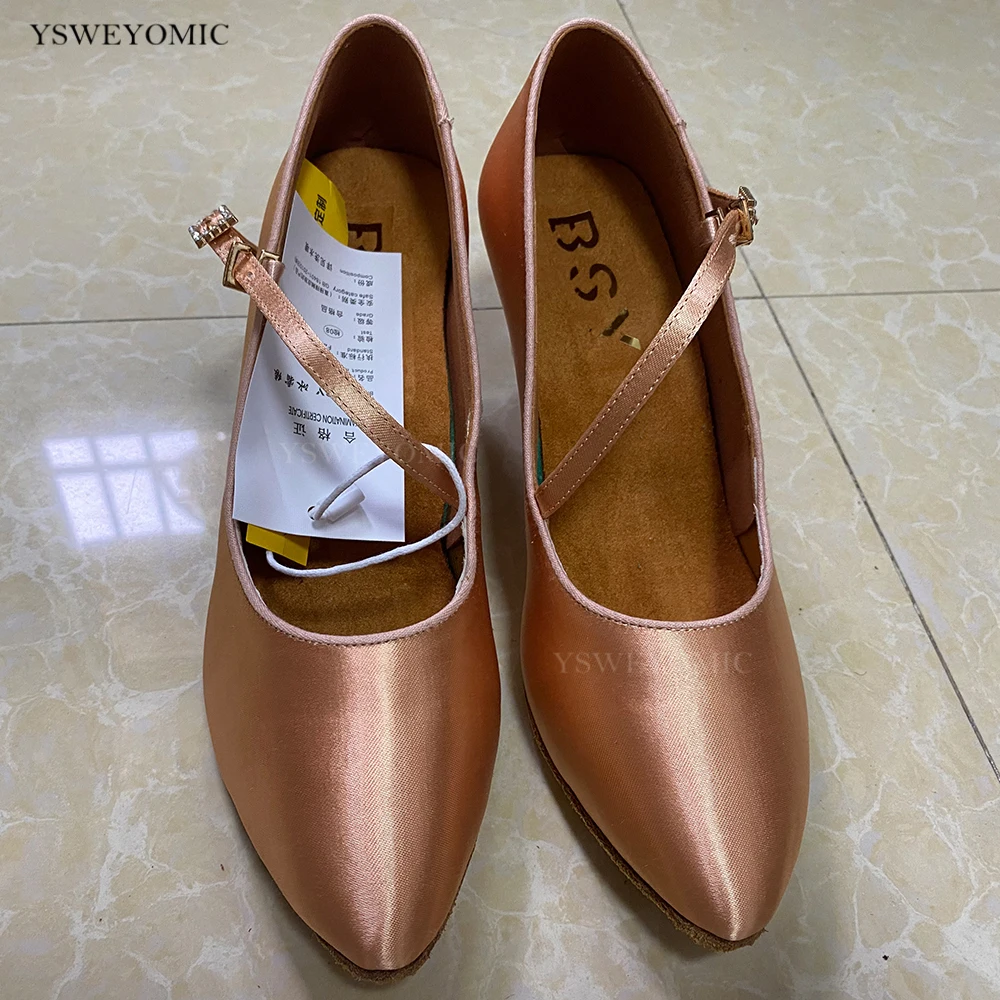 Khaki White Closed Toe Dance Shoes Soft Satin Standard Ballroom 5.5cm Heel Latin Ballroom Suede Outsole Dance Shoes For Women