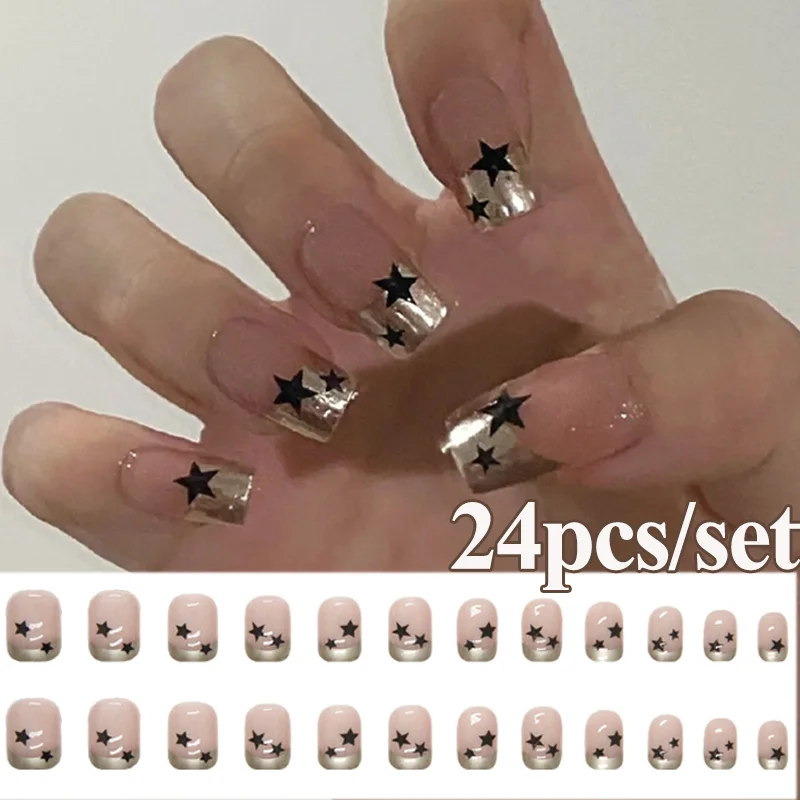 

24 шт. обнаженные французские накладные ногти Короткие квадратные блестящие симпатичные красные сердца звезды полное покрытие накладные но...