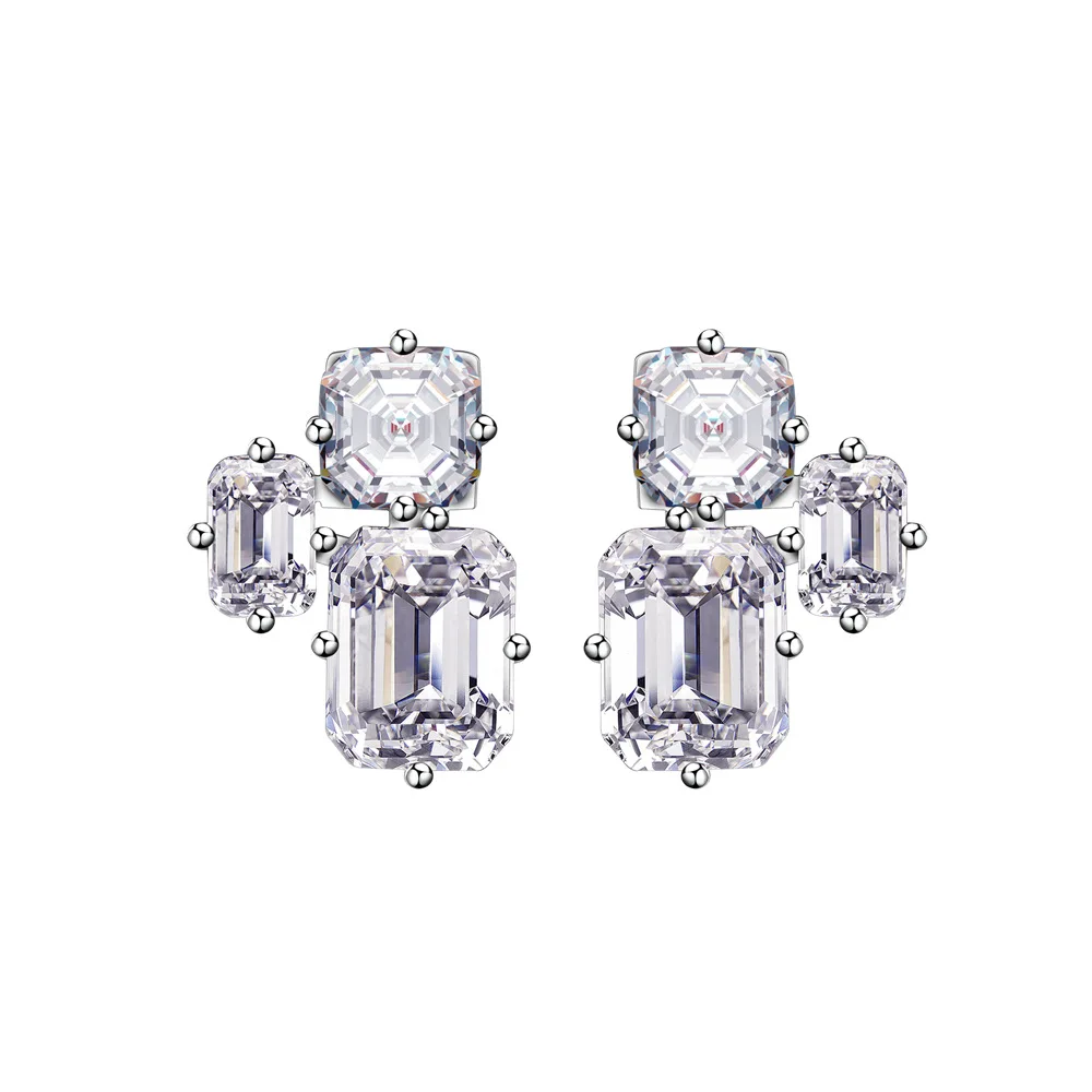 

925 Sterling Silver Asscher/Emerald Cut High Carbon Diamond Gemstone 18K Gold Plated Earrings Studs Party Fine Jewelry
