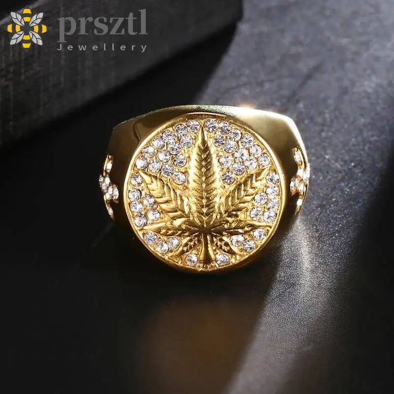 

Prsztl Vintage HIPHop Iced Out Bling Maple Leaf Rings for Men Gold Micro Paved Rhinestone Weed Ring Banquet Jewelry Accessories