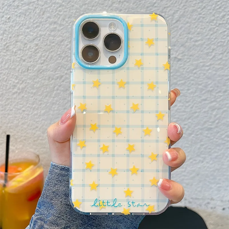 Фото Желтый чехол для телефона с узором в клетку и звезды для iPhone 17 Pro, 16, 15, 14, 13, 12, 11 Pro Max, 16e, Air, XR, XS Max, 7, 8 Plus, противоударный чехол №4