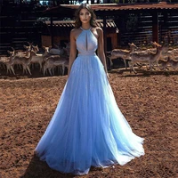 blue sequin halter party evening dresses elegant bling sleeveless cocktail dress 2022 simple floor length backless prom gowns
