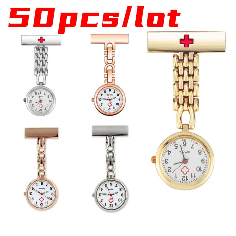 50Pcs/Lot Luminous Nurse Pocket Watch Stainless Steel Metal Lapel Pin Brooch Pocket Fob Nurse Watch Fashion Dress Accessories