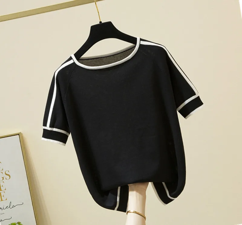 Женский трикотажный пуловер с коротким рукавом и круглым вырезом