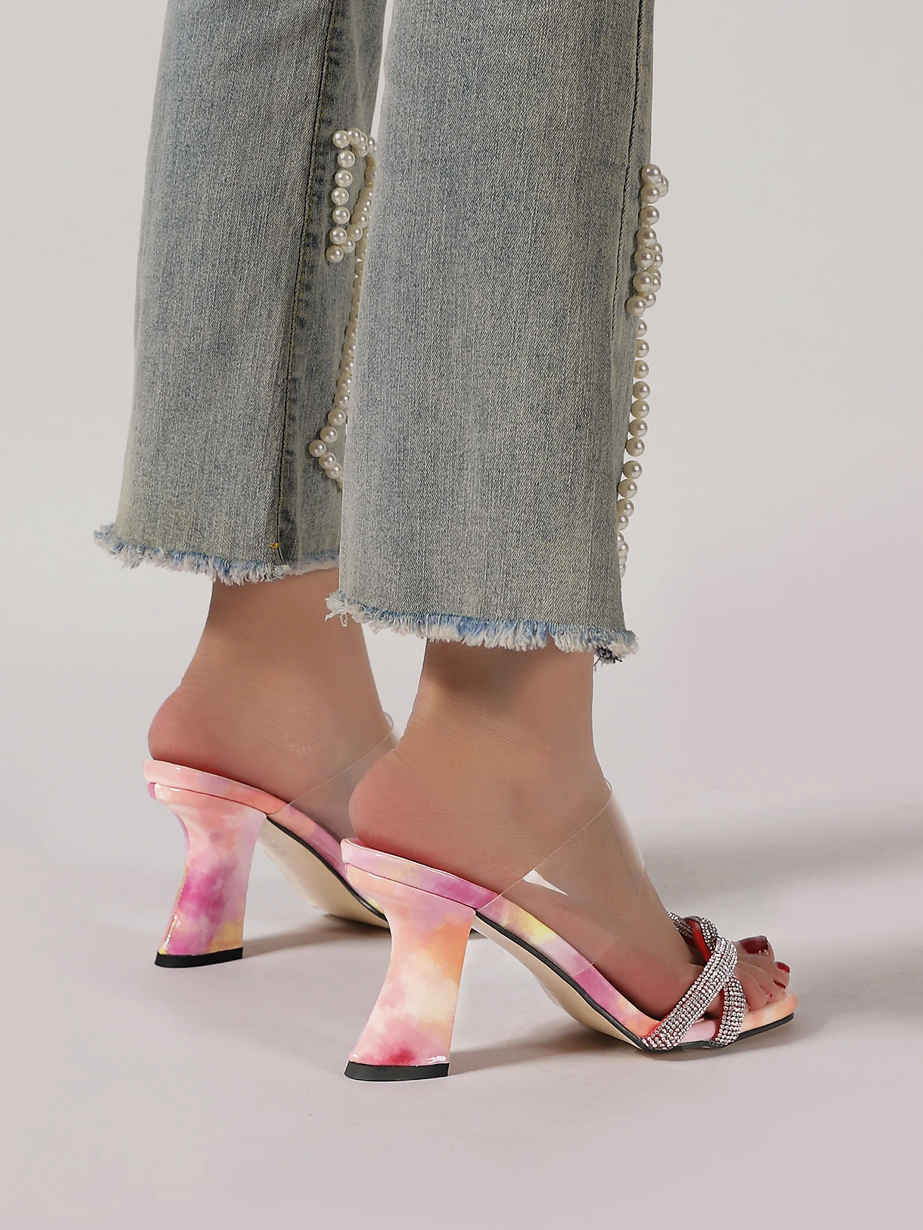 Clear Sandals PVC High Heels Summer Shoes Female Footwear Sexy Rhinestone Mules Sandals for Lady Pumps Heels for Woman 852-6