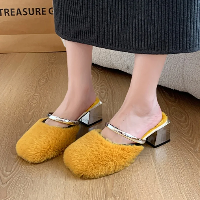 Женские меховые тапочки на высоком каблуке модная зимняя новая дизайнерская