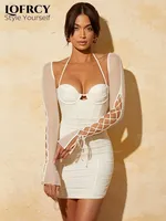 Lofrcy Fashion Mesh Long Sleeve Corset Ruched Bodycon Dress Summer 2022 Club Holiday Outfits Chic Halter Party Sexy White Dress